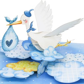 Liebessa 3D Pop Up Card Congratulations on the Birth of the Boy (Baby), Greeting Card Son, Boy, Boy, Birth Card, Handmade 3D Baby Card, Blue Stork