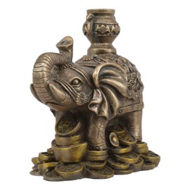 Ebros Small Feng Shui Auspicious Elephant Carrying Wealth Pot With Trunk Up Standing On Golden Coins Ingots And Nuggets Statue 4.25"Long Home Decor Accent Vastu Elephants Decorative Figurine Talisman