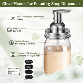 Amolliar Plastic Mason Jar Foaming Soap Dispenser with Pump Lid,16OZ Refillable Hand Soap Dispenser Set with Cute Lables - Farmhouse Decor for Kitchen/Bathroom, Lotion Dish Soap (2 Pack, Silver)