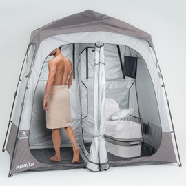 Portable Camping Shower Tent Deluxe Changing Room Easy Set Up Privacy Shelter,Large Toilet Tent with Floor Drain Design for Beach, Camping,Hiking with 2 Rooms,Stakes and Ropes for Stability