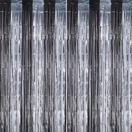 DECOCKRAT 2 Pack Foil Fringe Backdrop - Black&Silver Shiny Tinsel Curtains for Party Decoration/Photo Booth Props - 3.3x6.6 FT Metallic Foil Backdrop for Birthday, Wedding, Graduation, Christmas.