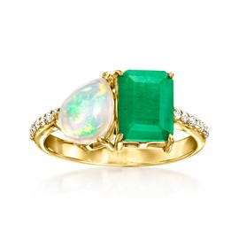Ross-Simons Opal and 1.80 Carat Emerald Toi Et Moi Ring With .10 ct. t.w. White Topaz in 18kt Gold Over Sterling. Size 7