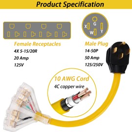 50 Amp to 110V 20 Amp RV Adapter Cord, 4 Prong NEMA 14-50P Male Plug to 4X 5-20R Household Outlet Female Connectors Adapter Cord with Dust Protection Caps, 1.5 FT, Yellow