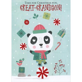 Designer Greetings Cute Panda Bear Juggling Candies and Gifts on Peppermint Unicycle Juvenile Christmas Card for Great-Grandson
