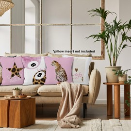 MONALET Pink Cheetah Preppy Throw Pillow Covers 18x18 Set of 4, Trendy Leopard Lucky 8 Balls Decor Pillow Cases for Teen Girls Dorm Bedroom, Retro Cheetah Print Pillowcases for Couch Bed Sofa