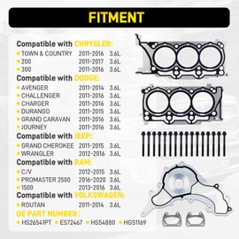 YEHERIT 3.6 Head Gasket Set with Bolts Compatible with Jeep Wrangler, Chrysler 200 300, Dodge Charger Challenger, Ram 1500 3.6L V6 Pentastar Replace# HS26541PT ES72467