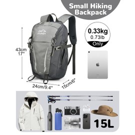 Outplea 15L Small Hiking Backpack for Men Women, Waterproof Sports Backpack Rucking Rucksack, Breathable Walking Backpacks, Lightweight Travel Backpacks for Outdoor, Gray
