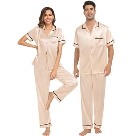 SWOMOG Womens Pajama Sets Silk Satin Sleepwear Short Sleeve and Long Pants Pjs Set Soft Loungewear Classic Pajamas Champagne