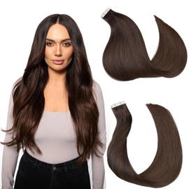 Tape in Hair Extensions Real Human Hair， Chocolate Brown Remy Human Hair 18 inch 20pcs 50g Seamless Tape in Hair Extensions ，Thick Ends Straight Seamless, Invisible Tape in Hair Extensions Human Hair