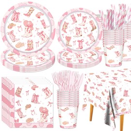 Pink Bow Cowgirl Party Dinnerware Kit for Girls - 20 Guests All-in-One, Bow Cowgirl Decorations, Coquette Birthday Supplies Plates Cutlery Napkins Cups Tablecloth for Western Baby Shower Bachelor