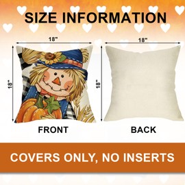 Ussap Fall Scarecrow Decorative Throw Pillow Covers 18 x 18 Set of 4, Autumn Pumpkin Maple Leaves Wreath Cushion Case Decor, Thanksgiving Stripes Bowknot Seasonal Home Decoration for Sofa Couch