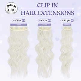 WOKAA Clip in Hair Extensions for Women 20 Inch 5Pcs Long Wavy Curly Platinum Blonde Hair Extensions Clip ins Full Head Synthetic Hair Extension for Women