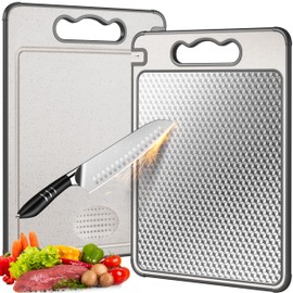 Lozovin LOZOVIN Double Sided 304 Stainless Steel & Wheat Straw Cutting Board, 14.4"*9.8" Non Toxic Chopping Board, Separately Handle Meat and Vegetables, Dishwasher Safe, Scratch Resistant Mesh Design
