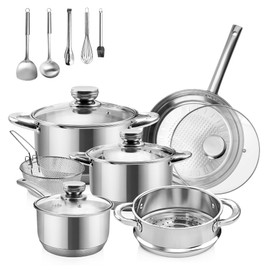 15-piece Stainless Steel Pots and Pan Set, Kitchen Cookware Set include Steamer, Frying Basket and Utensil Sets, Non Toxic, Dishwasher & Oven Safe, Easy to Clean