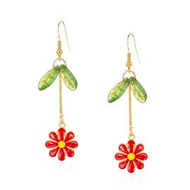 Just Follow Alloy Daisy Flower Drop Dangle Earrings Long Tassel Bohemian Flower Statement Earrings for Women Gifts With Green Leaf (Red)