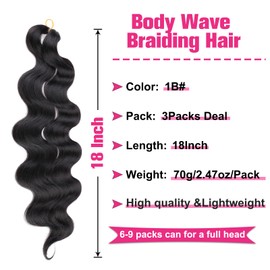 Unionbeauty Body Wave Braiding Hair 18 Inch 3 Pack Pre-Feathered Braiding Hair Black Boho Box Braids for Goddess Box Braids Hair Deep Wave Crochet Hair Synthetic Hair Extension Crochet Braids (1B#)