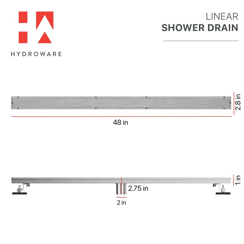 Hydroware Linear Shower Drain with Tile Insert Grate, Stainless Steel