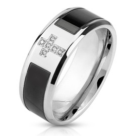 Tapsi´s Coolbodyart® Statement Finger Ring Stainless Steel Zirconia Cross Black 8 mm Wide 60 (19) - 69 (22), Stainless Steel