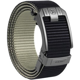 JUKMO Men's Reversible Ratchet Belt - 2 Styles in 1, No-Hole Adjustable Web Belt for Golf, Business & Everyday Wear, Black/Khiki, X-Small-for Waist 18"-34" (Length 41")