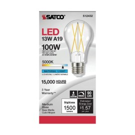 Satco S12432 - 12.5 Watt LED A19 Clear LED Bulbs - 5000K - 120 Volt (6 pack)