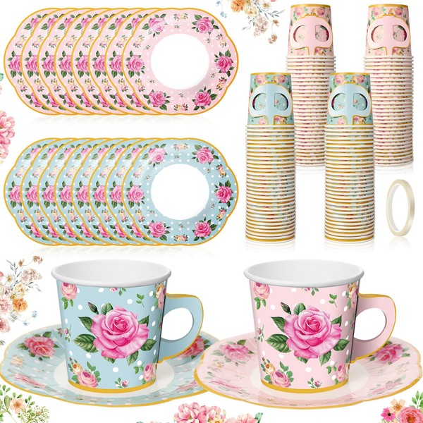 Umigy 36 Sets Tea Party Decorations 6.5oz Floral Paper Tea Cups with Handle and Plates Disposable Blossom Teacups and Saucers Sets with Tape for Hot Cold Drink Birthday (Cute Style)