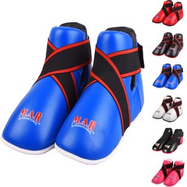 MAR | Blue Martial Arts Foot Protector for Karate, Kickboxing, Muay Thai, Taekwondo, Karate K1 Kick Boots, Taekwondo Foot Protectors, Moulded Foam Padding Elasticated Toe Loops (Large)