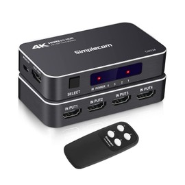 Simplecom CM324 4 Way HDMI 2.0 Switch with Remote 4 in 1 Out Splitter HDCP 2.2 4K @60Hz UHD HDR