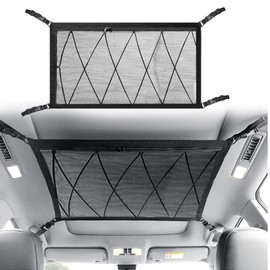 Mearo Cargo Net, Car Ceiling Cargo Net Pocket, 31.5"x21.6" Car Roof Organizer with Adjustable Double-Layer Mesh, Car Camping Accessories Universal for Car SUV MPV Truck Long Trip Travel Camping