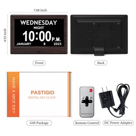 7'' Digital Clocks, 12 Reminders & 6 Alarms, Dementia Clock with Date and Time for Elderly, Auto-Dimming, Button & Remote Control, Auto DST, Digital Calendar for Seniors Large Display, Brown Woodgrain