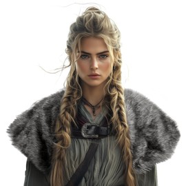 Viking Fur Shawl Collar Medieval Faux Fur Mantle Shoulder Wrap for Women Viking Costume Accessory-Grey