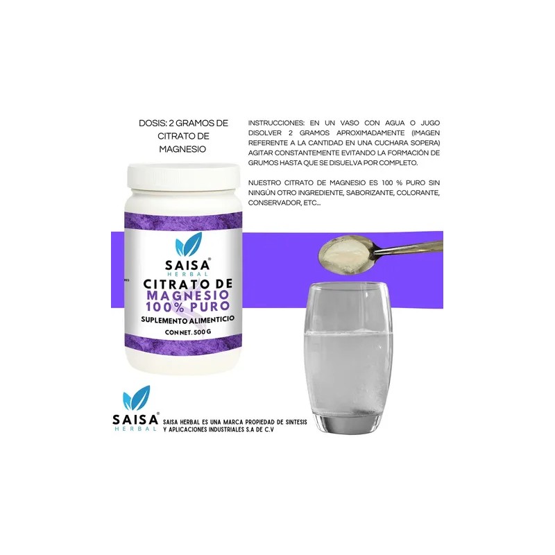 Citrato De Magnesio 500 g Suplemento Alimenticio Sin Sabor Saisa
