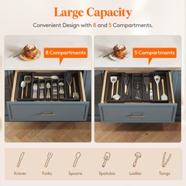 Lifewit Silverware Drawer Organizer and Utensil Organizer Set, Expandable Cooking Cutlery Tray for Kitchen, Adjustable Plastic Flatware Holder Storage Divider for Spoons Forks Knives, Large, Black