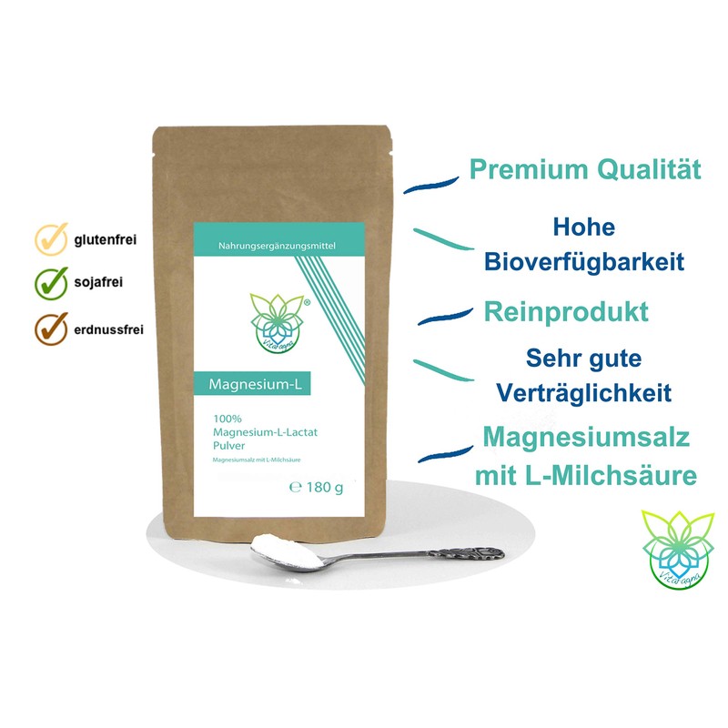 VITARAGNA Magnesium L-lactate powder, magnesium salt with L-lactic acid, 180