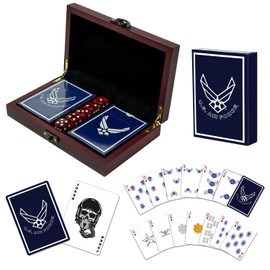 Air Force Playing Cards with Dice USAF Gift Set – Wooden Keepsake Box Adorned with Metal USAF Emblem - Veteran Owned Business