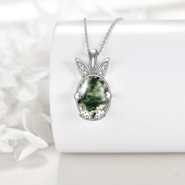 KZX Moss Agate Bunny Necklace, Sterling Silver Moss Agate Pendant, Sterling Silver Rabbit Pendant, Moss Agate Jewellery, Birthday for Women and Women, Sterling Silver, No Gemstone