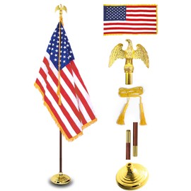 ANLEY 8 Ft Presidential Deluxe Indoor American Flag Pole Set - 8' Oak Pole, Gold Fringed US National Flag, Stand, Cord Tassel and Eagle Top Ornament for Offices, Schools & Auditoriums 8 Foot High