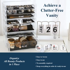 Sea Team 3-Tier Stackable Clear Makeup Organizer with Drawers, Acrylic Plastic Cosmetic Display Case, Jewelry Storage Box, Holder for Dresser, Bathroom, Vanity, Countertop (8 Drawers)