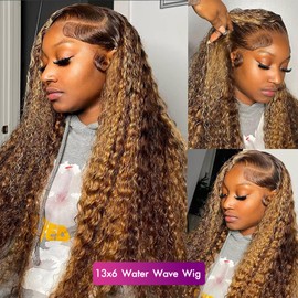 Jilho 13x6 Water Wave Lace Front Wigs Human Hair Pre Plucked HD Transparent Lace Front Wigs Human Hair Water Wave Lace Frontal Wigs Human Hair Wigs for Women (P4/27, 32 Inch)