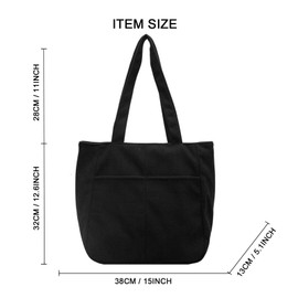 Women's Cord Shopper Bag, Tote Bag, Shoulder Bag, Shopper with Front Pockets, Large Capacity for Work, black