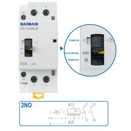 Baomain Manual Household AC Contactor 220VAC 63A 2 Pole 2NO 50/60Hz Modular Contactor Circuit Manual/Automatic Control 35mm DIN Rail HC1-63M/20 (63 Amp.)