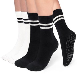 NEDLON (4 pairs) Pilates Grip Socks For Women Non-Slip (Size 35-40) Non-Slip Socks, Yoga, Gym, Training, Barre, Slippers Breathable, soft Yoga Socks (Standard, White + White + Black + Black)