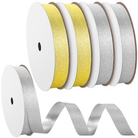 Fanfanwin 4 Rolls 50 Yards Gold Silver Glitter Ribbon Homecoming Mum Gift Wrapping Ribbon for DIY Homecoming Chrysanthemum Party Decor