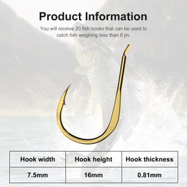THETAG Fishing Hooks, Pack of 20 Carbon Steel Fishing Hooks, Fishing Hooks with Barbs, Suitable for Rivers, Lakes, Oceans and Ponds