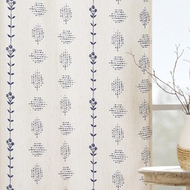 Sliding Door Curtains 96 Inches Long for Patio 2 Panel Sets,Sheer Linen Boho Patterned Coastal Curtains for Living Room,Navy Blue and Cream Beige
