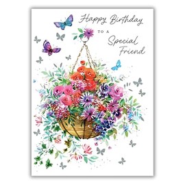 Special Friend Birthday Card - Female - for Her - Floral, Butterflies & Bees - Artistic Design - Flowers in Hanging Basket - Made in the UK - Eco-Friendly