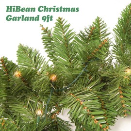 Hibean 9 FT by 12 Inch Christmas Garland,Pre-lit Garland with 50 Warm Lights, Classic Green Christmas Garland with 340 Branch Tips for Mantle, Fireplace, Stairs Railing, Front Door