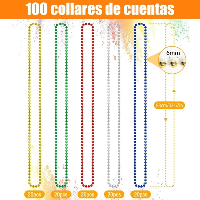 Collares de Bolitas de Plástico para Fiesta, Pack de 100