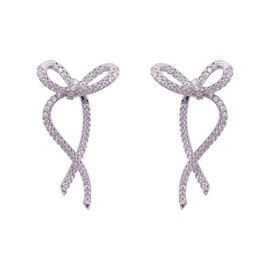 Bi&Yamigeo Crystal Bow knot Stud Earrings for Women,Elegant 925 Sterling Silver Sparkly Cubic Zirconia Twisted Curved Ribbon Bowknot Dupe Jewelry