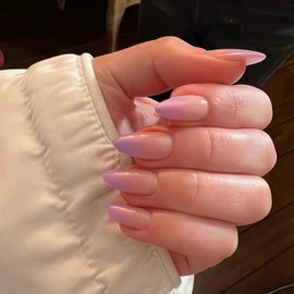 Chrome French False Nails Almond, SXVME Chrome Press On Nails Medium, Glazed Gel Fake Nails Press on, Cute Glitter Acrylic Nails Medium Stiletto, Ombre Purple Stick on Nails for Women Daily Wear