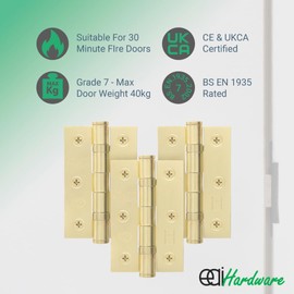 EAI Brass Door Hinges | 3 Inch / 76mm Satin Brass Internal Fire Door Hinges | 1.5 Pairs